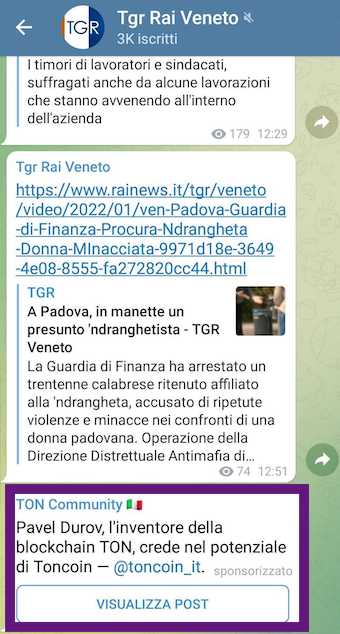 telegram ads esempio italiano